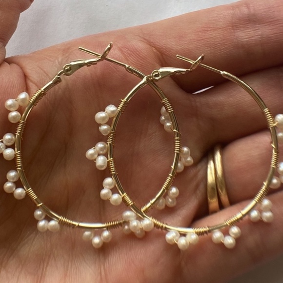REAL White Cultured Pearl Hoop Earrings - 14K Yellow Gold Plate - Picture 1 of 7